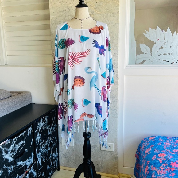 Beach Cover up, Natural Pattern Poncho With Fringe , Swimming Cover Up - Picture 8 of 11